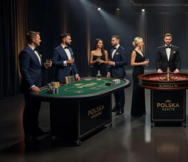 Ciemne, filmowe stoły eventowe z kartami, żetonami i światłem punktowym