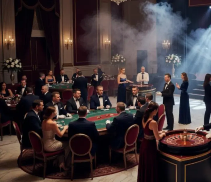 Duża gala 21+ z oświetloną sceną i stołami do gier jako atrakcjami