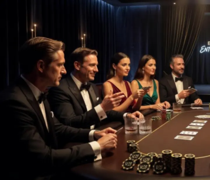 Ujęcie z eleganckiego pokerowego eventu z gośćmi przy stołach i profesjonalnymi hostami
