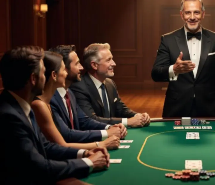 Profesjonalny host prowadzący tematyczny wieczór pokerowy podczas eleganckiego eventu