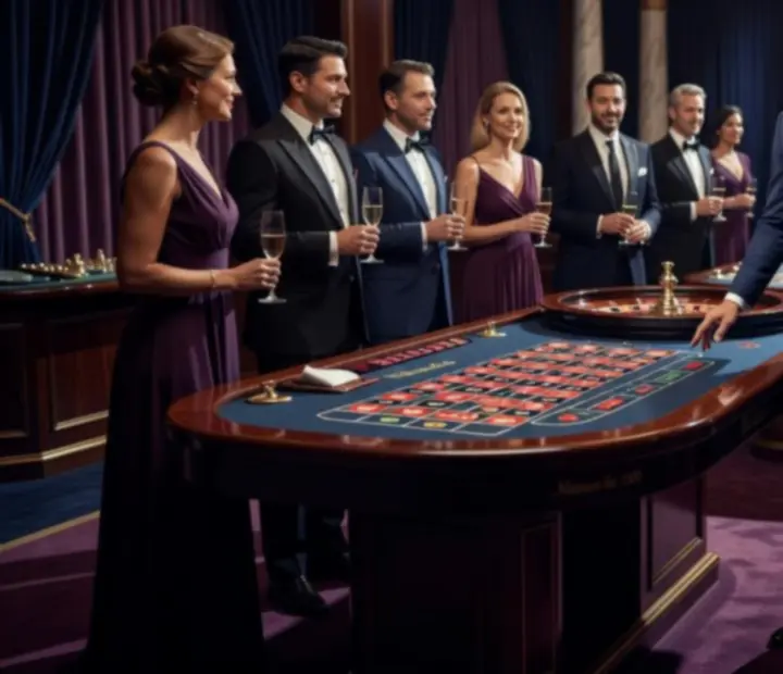Profesjonalny host ruletki prowadzący atrakcję podczas eleganckiego eventu