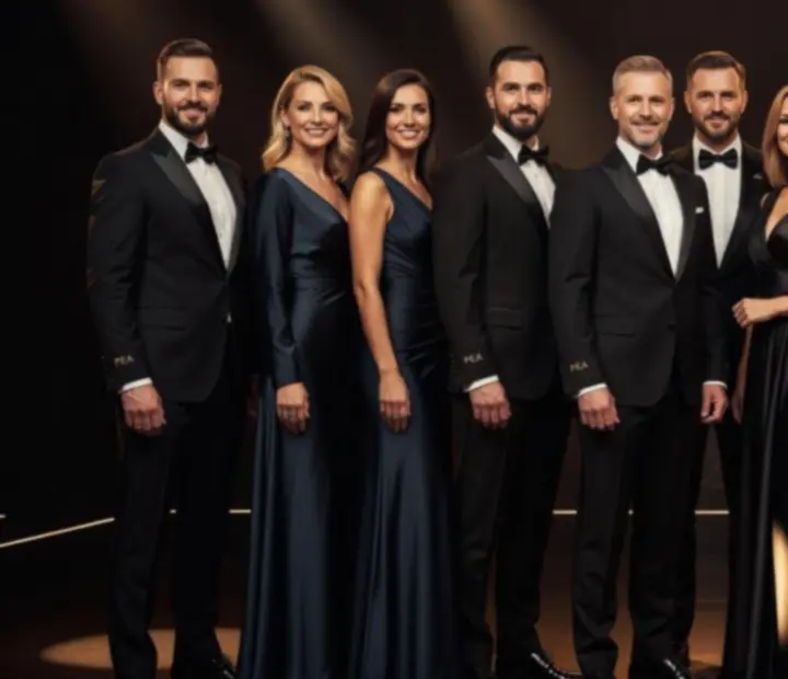 Elegancki zespół gospodarzy i dealerów w świetle reflektorów na scenie eventowej