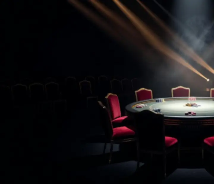 Ciemna pokerowa scena ze światłami scenicznymi, dymem i elegancką oprawą stołów