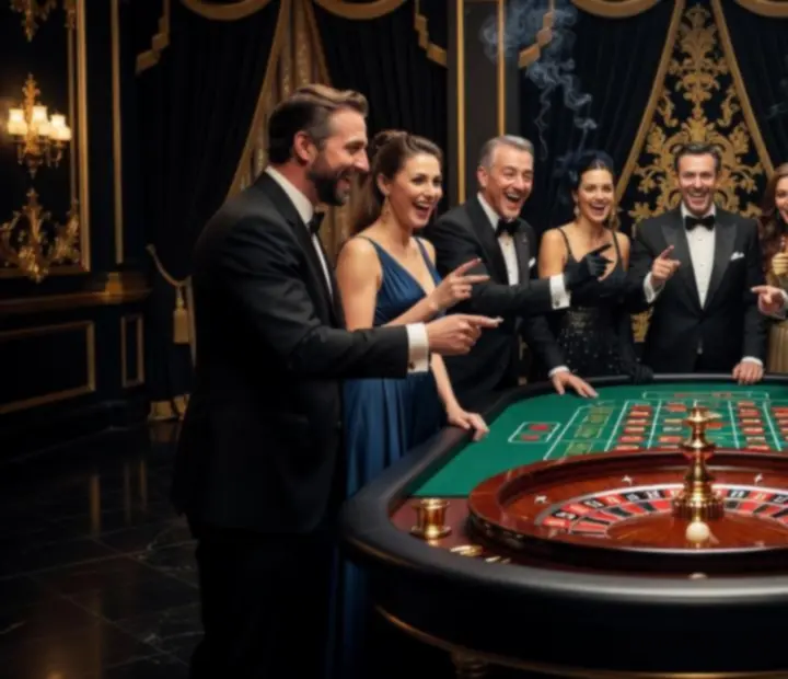 Goście przy podświetlonym stole ruletkowym podczas eleganckiego eventu
