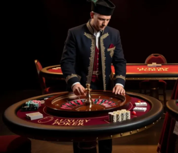 Mobilne stoły pokerowe, ruletka i blackjack z podświetlonymi krawędziami w mrocznej sali eventowej